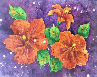 Hibiscus Watercolor, Batik Hibiscus, Orange Hibiscus, Hawaii, Tropical Flower, Flower Art,  Art With Heart, Martha Kisling