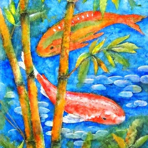 Koi Collage Watercolor, Koi and Bamboo, Fish Art, Martha Kisling
