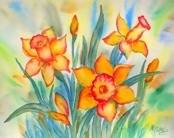 Narcisse aquarelle jaune d’or Floral par Martha Kisling