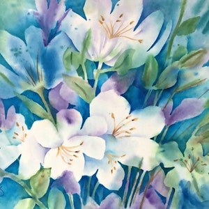 Watercolor of Blue and White Flowers by Colorado Artist Martha Kisling image 1