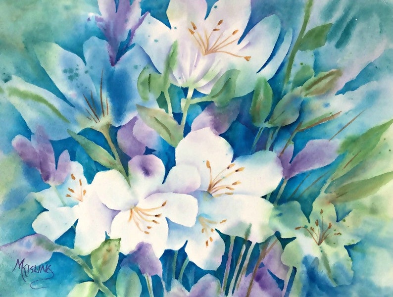 Watercolor of Blue and White Flowers by Colorado Artist Martha Kisling image 1