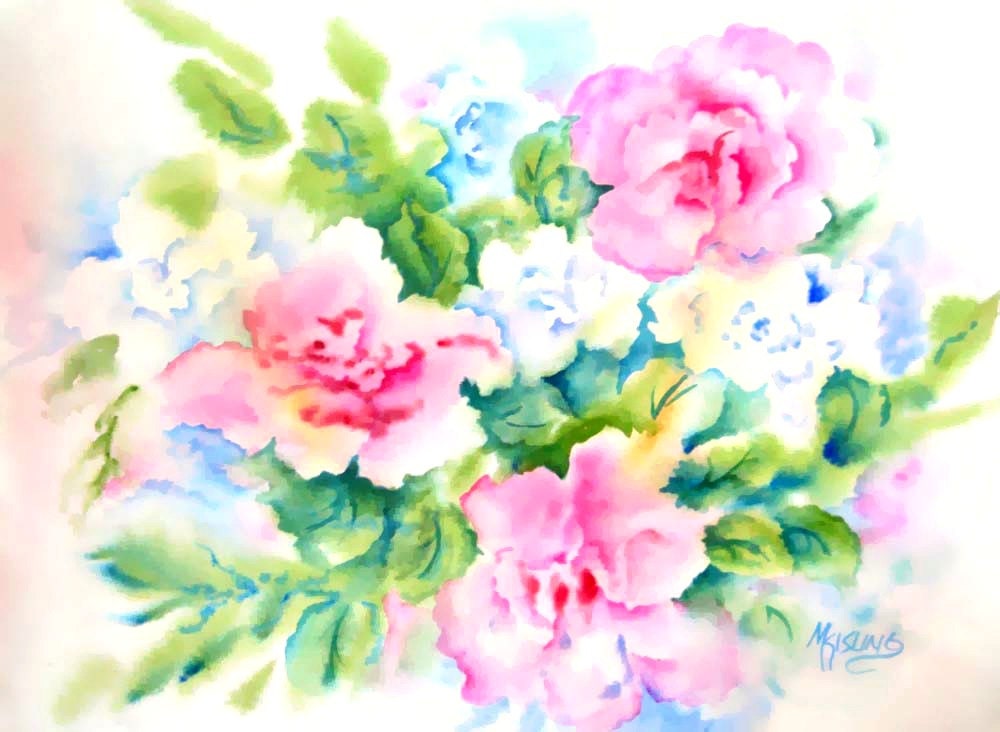 Roses Watercolor, Pink Roses, White Flowers, Romantic Art, Pink and ...
