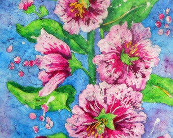 Watercolor Hollyhocks, Hollyhocks Batik Watercolor, Watercolor Batik, Rice Paper, Pink Flowers, Pink and Blue, Art With Heart,Martha Kisling