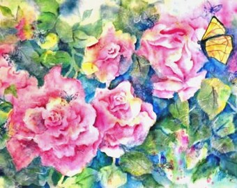 Roses Watercolor, Collage Roses, Butterflies, Mixed Media Roses, Butterfly Art, Pink, Green, Original Martha Kisling Art