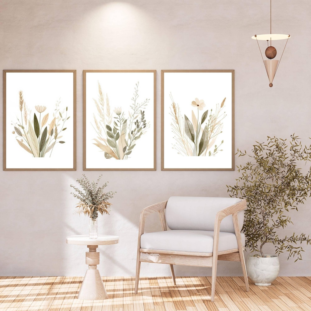 Boho Botanical Wall Art Set of 3, Neutral Sage Green Floral Prints ...