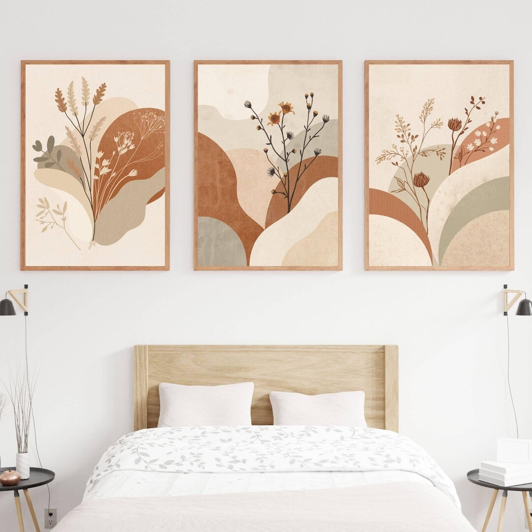 Boho Abstract Botanical Wall Art Set of 3, Neutral Floral Prints ...