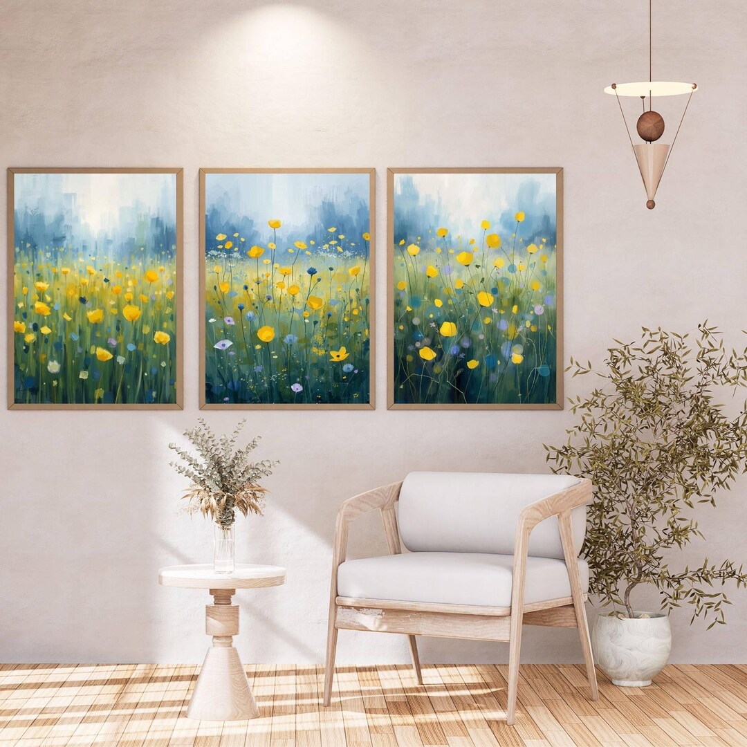 Abstract Wildflower Meadow Wall Art Set of 3, Yellow and Blue Floral ...