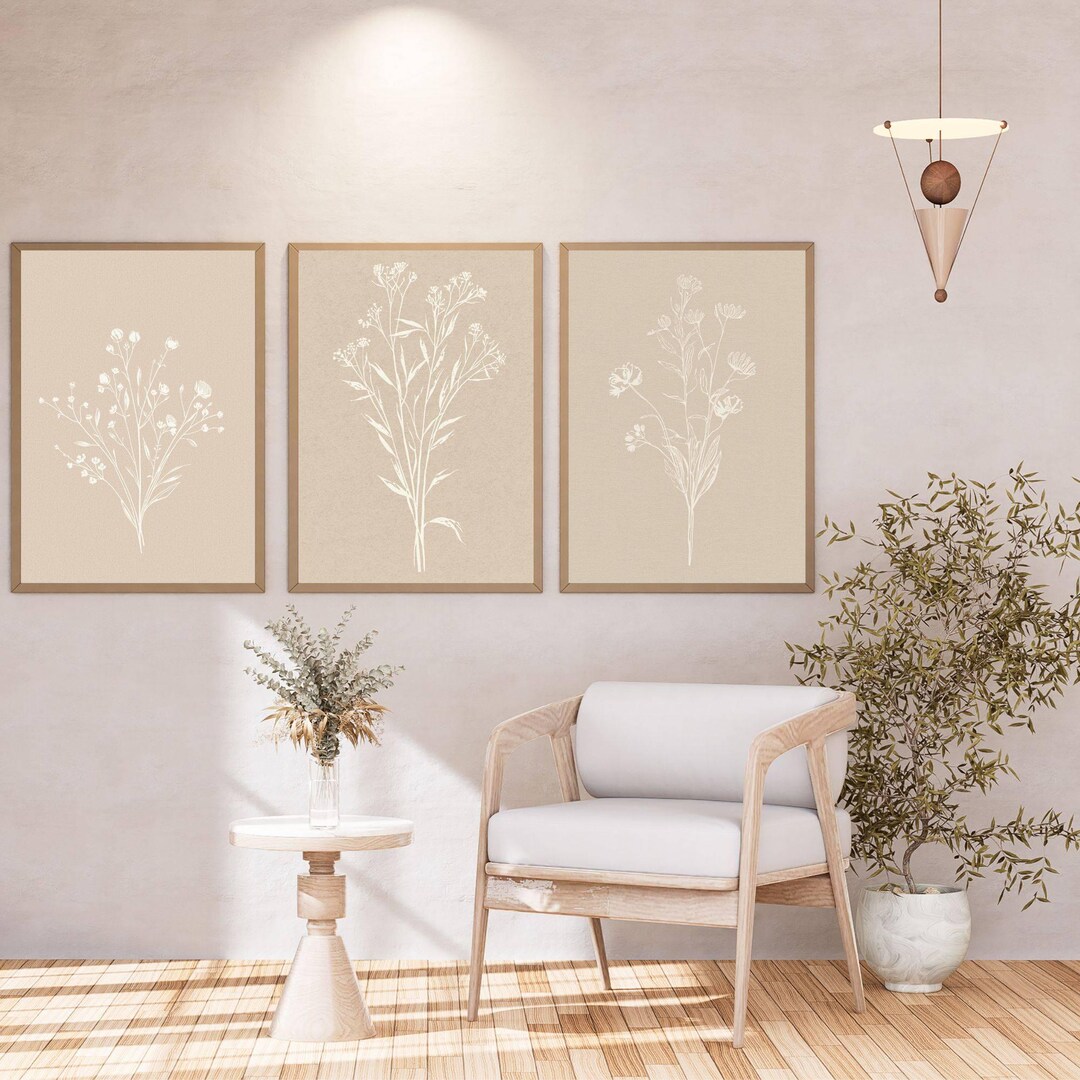 Minimalist Botanical Wall Art Set of 3, Boho Floral Prints, Neutral ...