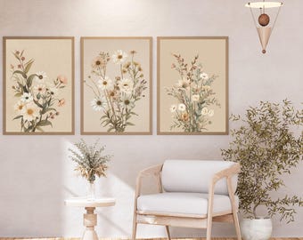 Juego de 3 piezas de arte mural botánico, decoración bohemia con flores silvestres mixtas, botánico vintage neutro