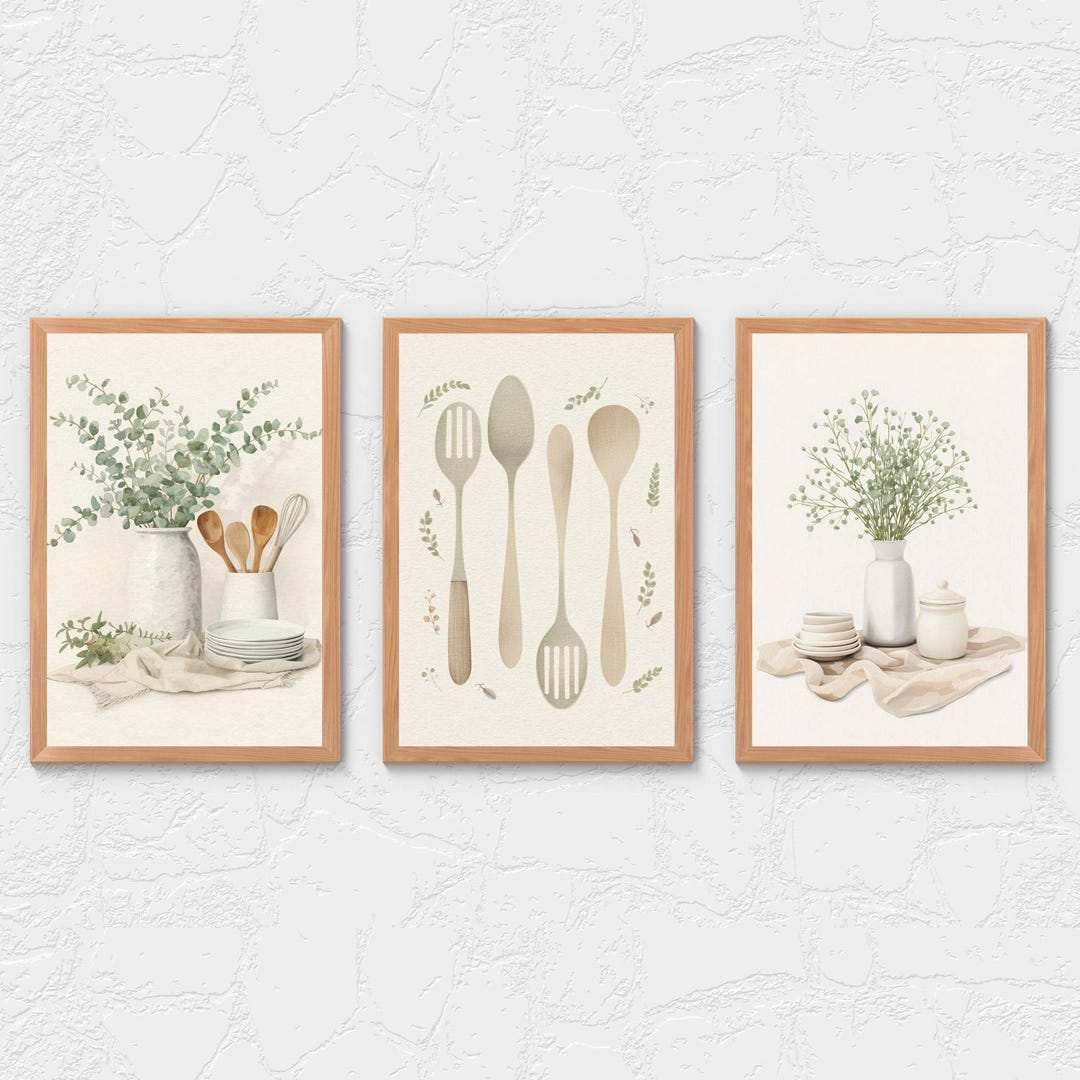 kitchen wall decor art prints - botanical prints -... Botanical Kitchen Wall Art Set of 3 Print, Farmhouse Art, Sage Green ...