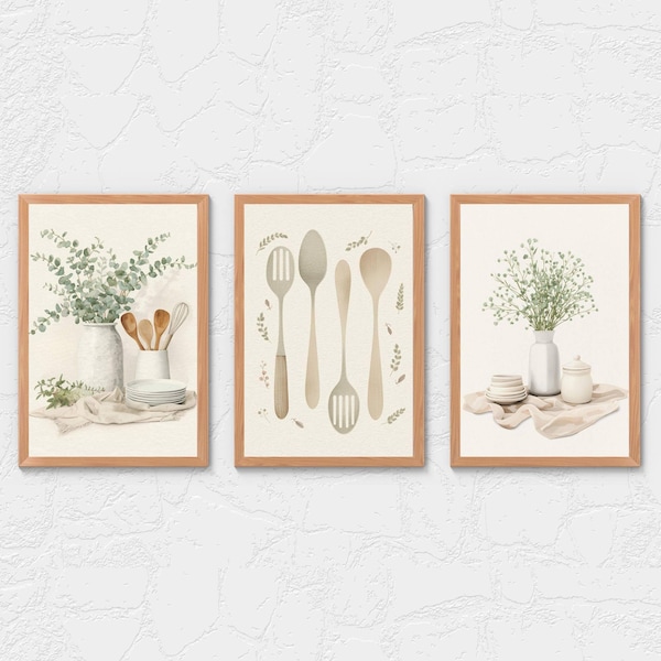 Juego de 3 impresiones de arte de pared botánico para cocina, arte de granja, plantas verde salvia