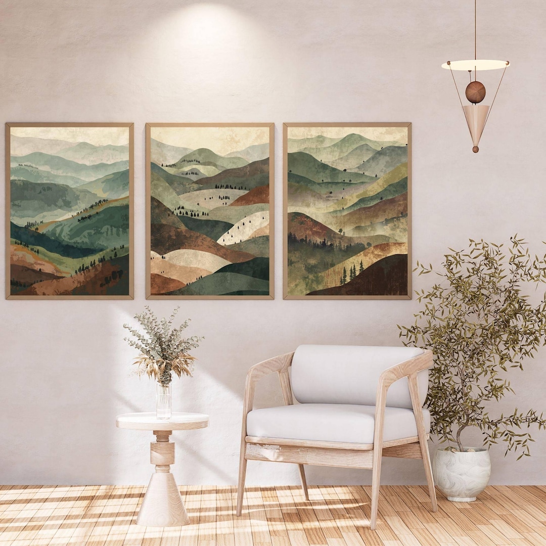 Abstract Mountain Landscape Wall Art Set of 3, Vintage Pastel Hills ...