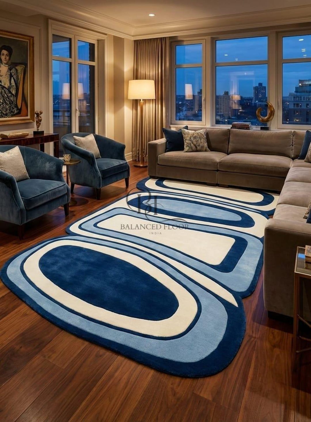 Modern Blue Geometric Rug Hand Tufted Wool Area Rug Mid Century Retro ...