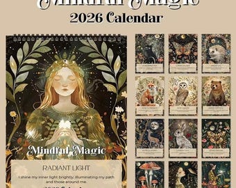 Puede incluir: Calendario 2026 "Mindful Magic" con ilustraciones de una mujer, animales y escenas de la naturaleza. El calendario incluye el texto "Radiant Light" y una cita. La paleta de colores es de tonos tierra con acentos dorados.