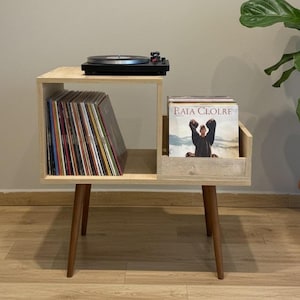 MCM Record Stand with Personalized Text, Mid-Century Turntable Setup and Metal Separator