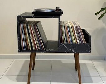 MCM Record Stand with Personalized Text, Mid-Century Turntable Setup and Metal Separator