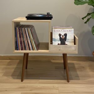 Mid Century Vinyl Record Player Stand, Custom Text LP Storage, vinyl organizer unit.