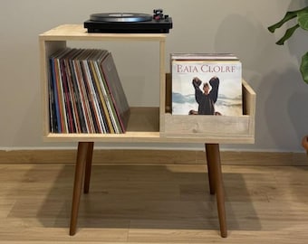 Mid Century Vinyl Record Player Stand, Custom Text LP Storage, vinyl organizer unit.