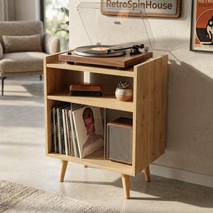 Platenspelerstandaard met vinylopbergruimte, draaitafel in mid-century stijl, LP-kast voor 45-50 platen, plexiglas tussenschotten, massief houten poten.