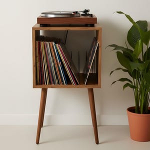Mid Century Modern Vinyl Record Player Stand, Wooden LP Storage
