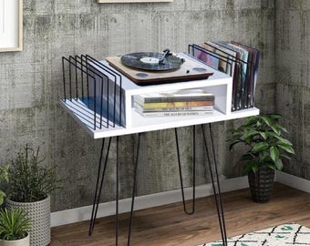 Record Player Stand With Vinyl Storage, Wood, Slim Media Cabinet