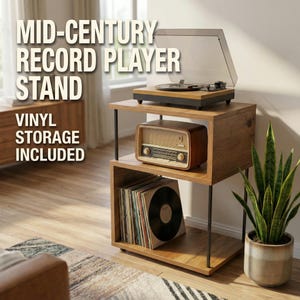 Turntable Stand with Vinyl Storage, Modern Record Player Stand, Compact LP Record Storage Unit, Wooden Audio Rack, Mid Century Style