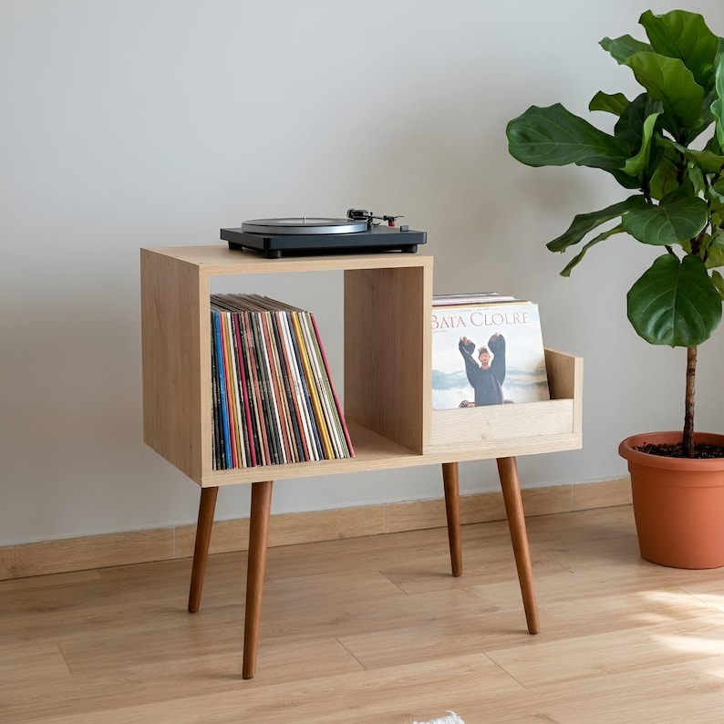 Vinyl Record Stand, Wooden LP Organizer Shelf, Mid Century Storage