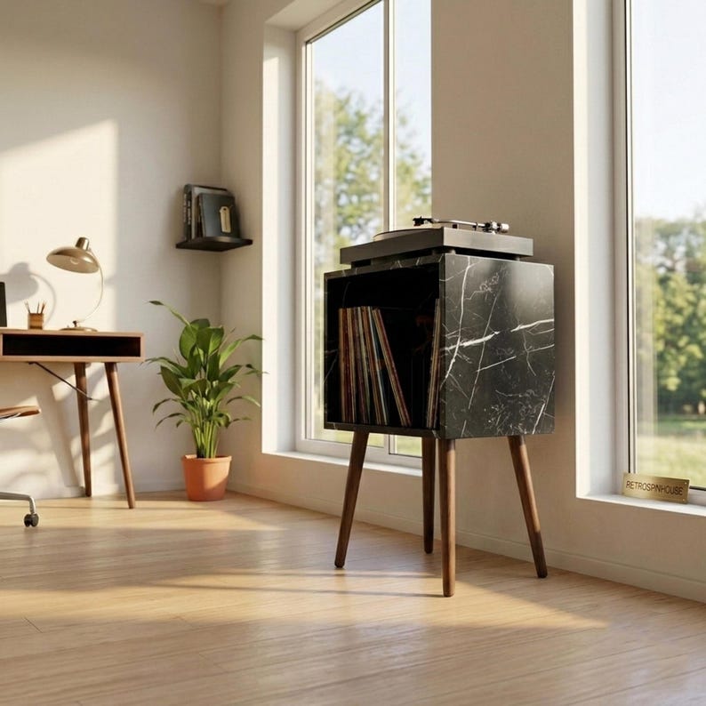 Mid Century Modern Vinyl Record Player Stand, Wooden LP Storage
