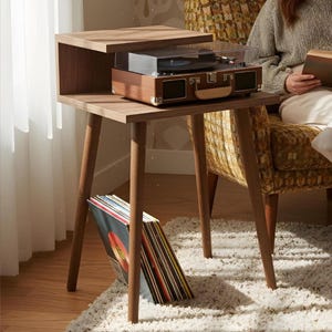 Turntable Side Table, Walnut Wood, Small Record Stand, Vinyl Storage