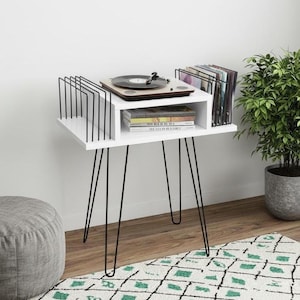 Soporte para tocadiscos con almacenamiento de vinilos, de madera, mueble multimedia delgado
