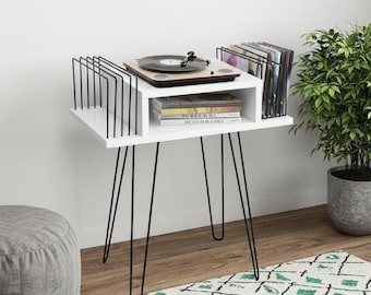Record Player Stand With Vinyl Storage, Wood, Slim Media Cabinet