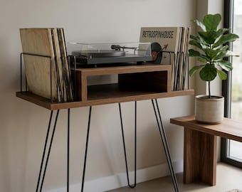 Vinyl Record Player Stand With Storage, Small Space LP Rack, Slim Record Shelf, Turntable Station.