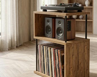 Mid Century Record Player Stand, Wooden Vinyl LP Storage, Mid-Century Record Player Stand with Vinyl Storage.