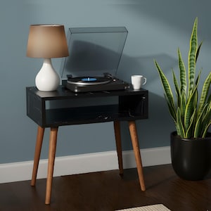 Compact Record stand, Marble look black top, Solid Wood legs