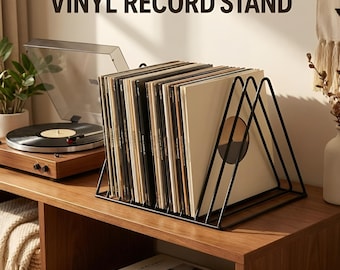 Soporte triangular de metal para vinilos, soporte compacto de escritorio para discos de vinilo.