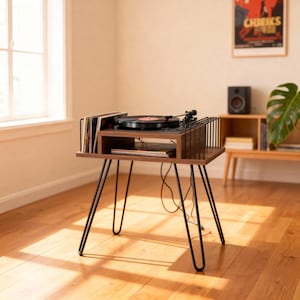 Unidad de almacenamiento de vinilo hecha a mano, soporte de LP de madera y metal, mesa auxiliar retro: soporte de discos de mediados de siglo.
