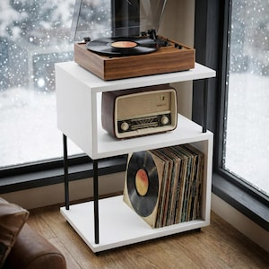 Compact record stand, plywood vinyl setup stand, small media console