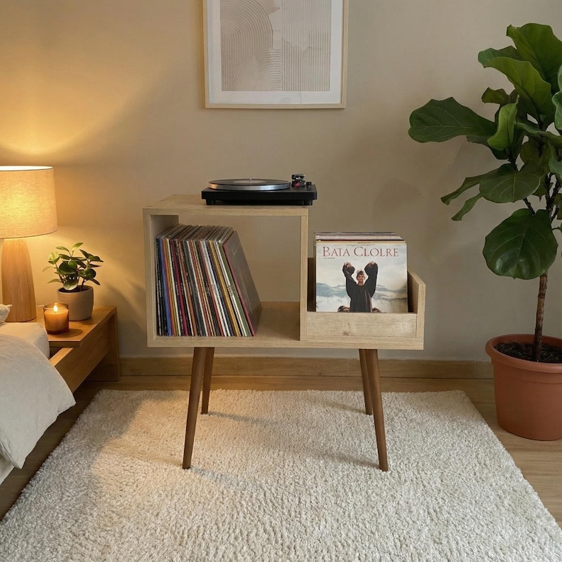 Vinyl Record Stand, Wooden LP Organizer Shelf, Mid Century Storage