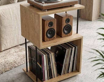 Plattenspielerständer | Vinyl-Aufbewahrungsschrank, Musikmöbel aus der Mitte des Jahrhunderts, Plattenspielertisch, LP-Schallplattenregal.