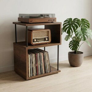 Turntable Stand with Vinyl Storage, Modern Record Player Stand, Compact LP Record Storage Unit, Wooden Audio Rack, Mid Century Style