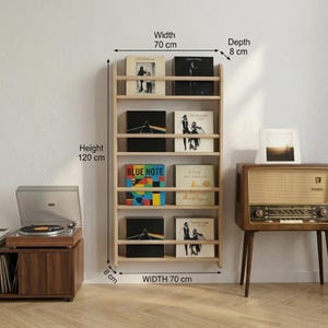 Estantería de pared para discos de vinilo, de madera de abedul, para exhibición de LP con vista frontal.