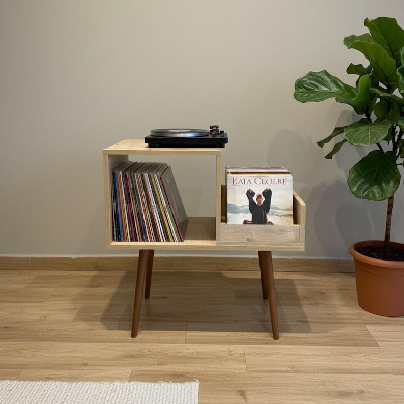 Vinyl Record Stand, Wooden LP Organizer Shelf, Mid Century Storage