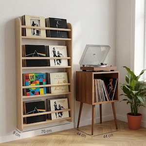 Mid Century Modern Vinyl Record Player Stand, Wooden LP Storage