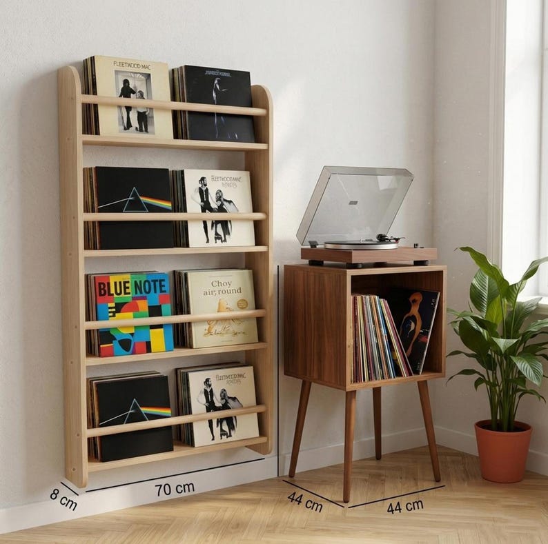 Mid Century Modern Vinyl Record Player Stand, Wooden LP Storage