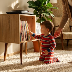 MCM Record Stand with Personalized Text, Mid-Century Turntable Setup and Metal Separator