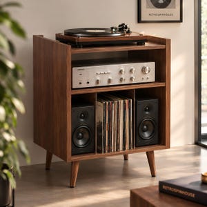 Skivspelare, kompakt skivspelare med vinyldisplay, LP-förvaring från mitten av århundradet, avdelare i plexiglas, ben i massivt trä