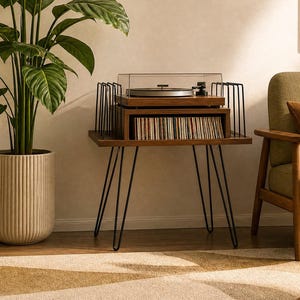 May include: A wooden record player stand with black metal hairpin legs and integrated side dividers for vinyl storage. The unit features a top surface for a turntable and a lower shelf filled with a collection of vinyl records in sleeves.
