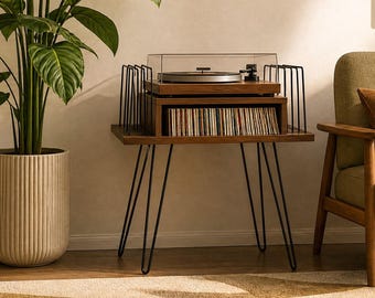 Opus Vinyl Record Stand with Wire Dividers, Mid Century LP Rack, Metal or Wood Legs, Scratch-Free Record Storage, 55x35x54cm