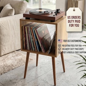 Soporte para tocadiscos de estilo moderno de mediados de siglo, soporte para tocadiscos con unidad de almacenamiento de vinilos, armario para discos de vinilo, estante para discos de vinilo de espacio reducido, 5 acabados de madera.