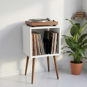 Mid Century Modern Vinyl Record Player Stand, Wooden LP Storage